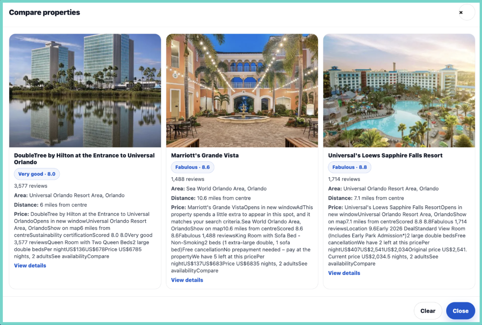 Compare hotels modal